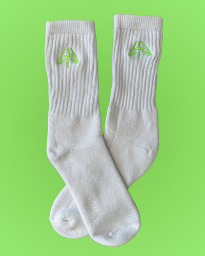 White with Neon Green Logo Socks